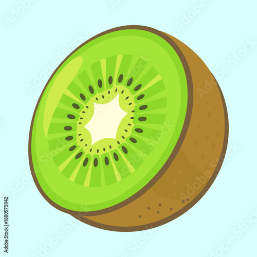 A cartoonstyle illustration of a sliced kiwi fruit on light blue background