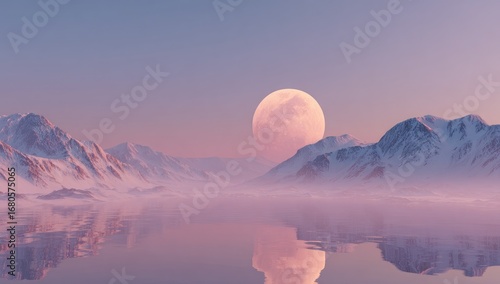 Misty, pink-hued mountain range reflecting a large moon