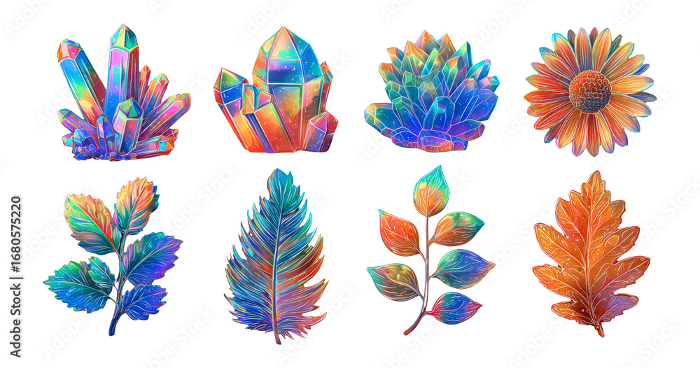 Obraz premium Colorful Crystal and Leaf Elements on Transparent Background