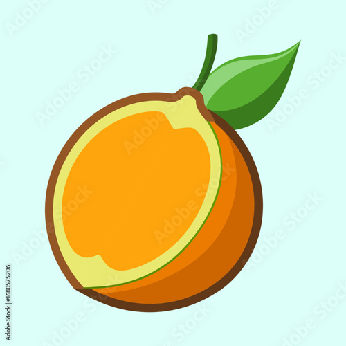 Cartoon Orange Fruit with Leaves on a light blue background vector illustration