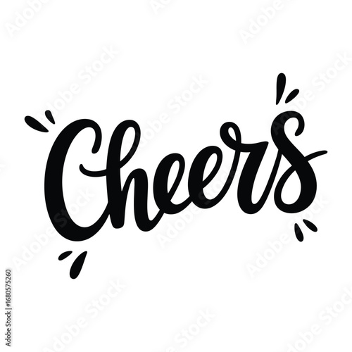 Handwritten cheers text with celebratory sparks and flourishes in black and white