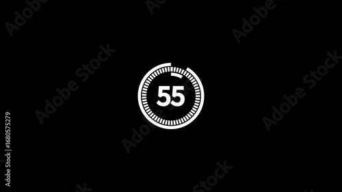 One minute countdown animation from 60 seconds to 0 second with alpha channel, 1 minute countdown timer on transparent background, Percentage completion symbol in the user interface.