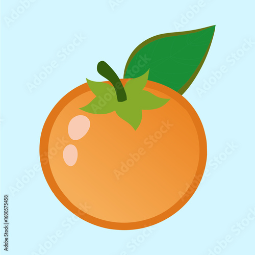 Cartoon tangerine with a leaf set against a light blue background