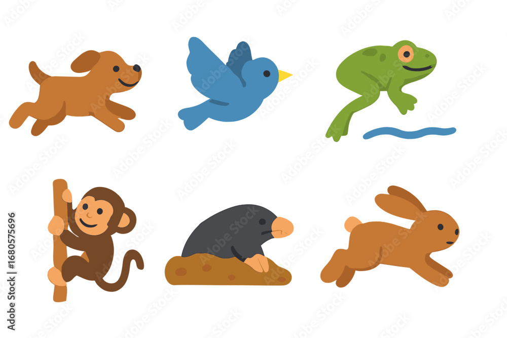 Fototapeta premium Animal Action Icons. Flat vector mini-illustrations animal actions in colors children's illustrations: running dog, flying bird,