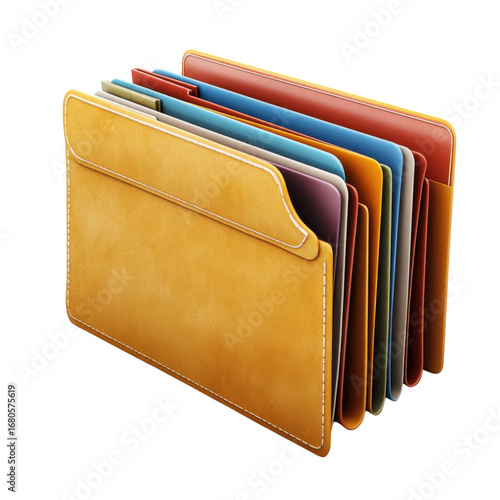 Colorful file folders organized in a yellow leather case for document management and office organization for professional use on transparent background