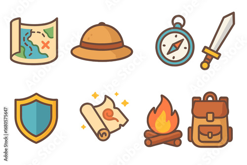 Adventure Icon Set. Flat vector mini-illustrations quest adventure in colors children's illustrations: treasure map, explorer hat,