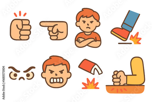 Anger Expressions Grid. Flat vector mini-illustrations anger gestures in colors children's illustrations: shaking fist, pointing