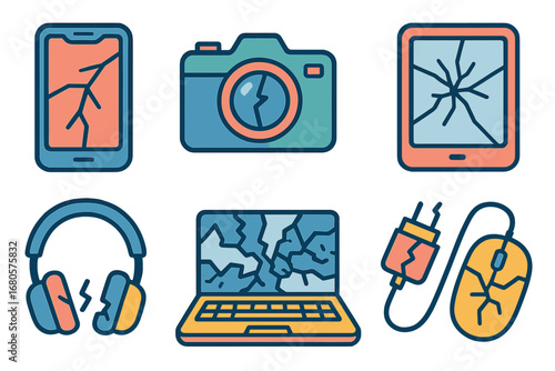 Broken Gadgets Grid. Flat vector mini-illustrations shattered technology in colors children's illustrations: broken smartphone,