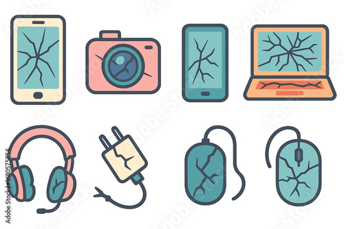 Broken Gadgets Grid. Flat vector mini-illustrations shattered technology in colors children's illustrations: broken smartphone,