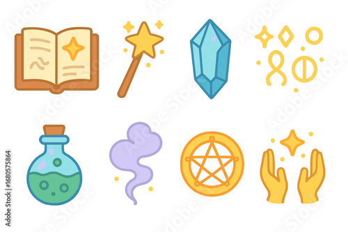 Arcane Magic Icons. Flat vector mini-illustrations arcane spells in colors children's illustrations: spell book, magic wand,