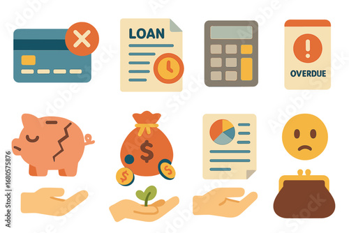 Bankruptcy Icons and Hope. Flat vector mini-illustrations bankruptcy and debt in colors children's illustrations: credit card