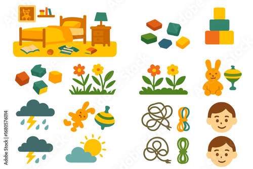 Chaos and Order Icons. Flat vector mini-illustrations chaos and order contrast in colors children's illustrations: messy room vs