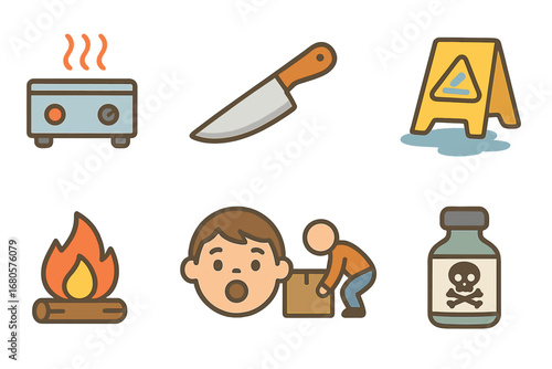 Child Safety Icons. Flat vector mini-illustrations home safety warnings in colors children's illustrations: hot stove, sharp knife