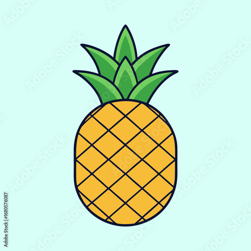 Stylized Cartoon Pineapple on Light Blue Background, Vibrant and Eye Catching