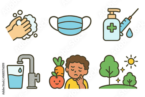 Child-Friendly Hygiene Icons. Flat vector mini-illustrations infection prevention in colors children's illustrations: hand washing