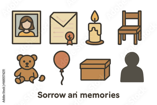 Childhood Memories Icons. Flat vector mini-illustrations sorrow and memories in colors children's illustrations: faded photograph,