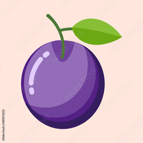 Beautiful cartoon plum with a green leaf on a light pink background