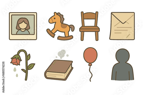 Childhood Memories Icons. Flat vector mini-illustrations sadness and memories in colors children's illustrations: faded photo,