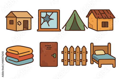 Childhood Shelter Icons. Flat vector mini-illustrations poverty and shelter in colors children's illustrations: cardboard box home