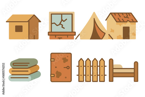 Childhood Shelter Icons. Flat vector mini-illustrations poverty and shelter in colors children's illustrations: cardboard box home