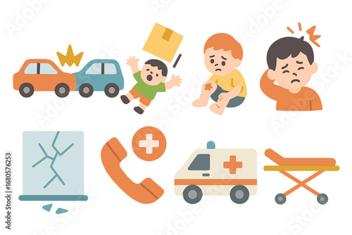 Children's Accident Icons. Flat vector mini-illustrations hurt in accidents in colors children's illustrations: car crash, falling