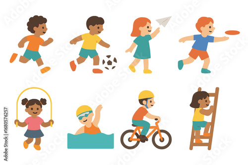 Children's Activity Icons. Flat vector mini-illustrations action moments in colors children's illustrations: running child,