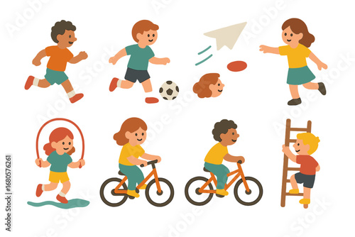Children's Activity Icons. Flat vector mini-illustrations action moments in colors children's illustrations: running child,