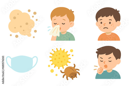 Children's Allergy Icons. Flat vector mini-illustrations dust particles in colors children's illustrations: dust cloud, floating