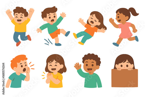 Children's Action Icons. Flat vector mini-illustrations sudden actions in colors children's illustrations: jumping, slipping,