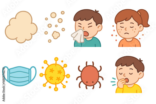 Children's Allergy Icons. Flat vector mini-illustrations dust particles in colors children's illustrations: dust cloud, floating