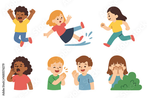 Children's Action Icons. Flat vector mini-illustrations sudden actions in colors children's illustrations: jumping, slipping,