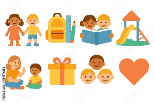 Children's Charity Icons. Flat vector mini-illustrations children charity in colors children's illustrations: kids holding hands,