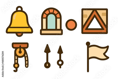 Children's Bell Tower Icons. Flat vector mini-illustrations bell tower parts in colors children's illustrations: bell, clapper,