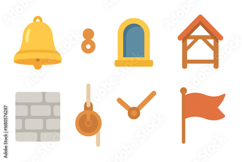 Children's Bell Tower Icons. Flat vector mini-illustrations bell tower parts in colors children's illustrations: bell, clapper,