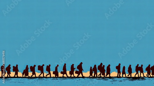 Silhouetted Figures Walking Along Yellow Path, Symbolizing Migration and Human Movement
