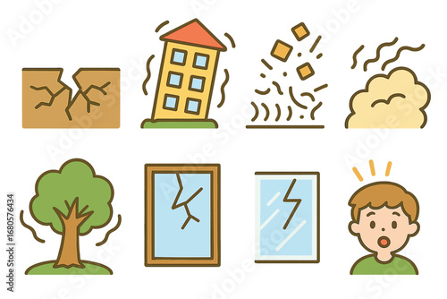 Children's Earthquake Illustrations. Flat vector mini-illustrations earthquake vibrations in colors children's illustrations: