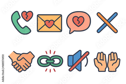 Children's Divorce Icons. Flat vector mini-illustrations divorce communication in colors children's illustrations: phone call,