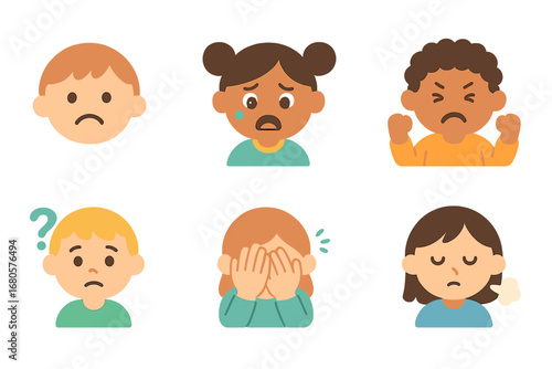 Children's Emotions Icons. Flat vector mini-illustrations bad luck emotions in colors children's illustrations: sad face, worried