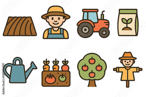 Children's Farming Icons. Flat vector mini-illustrations hunger and farming in colors children's illustrations: plowed field,