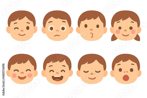 Children's Facial Icons. Flat vector mini-illustrations facial expressions in colors children's illustrations: wink, raised