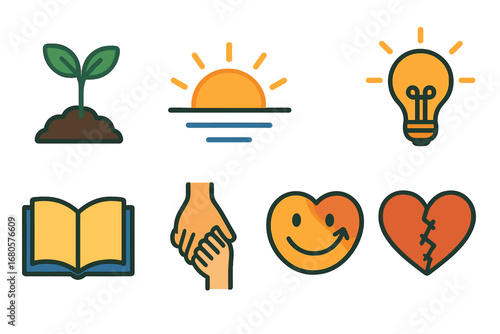 Children's Growth Icons. Flat vector mini-illustrations regret and growth in colors children's illustrations: growing plant,