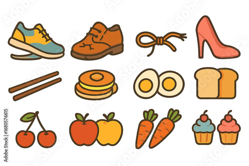 Children's Icon Grid. Flat vector mini-illustrations shoe deterioration in colors children's illustrations: sole peeling, leather