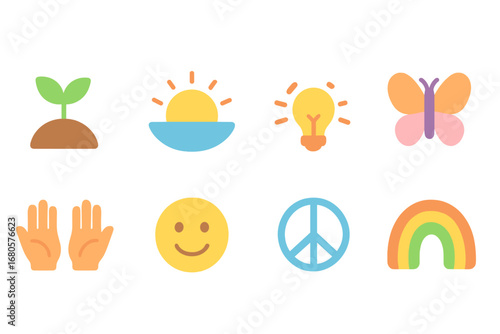 Children's Icon Grid. Flat vector mini-illustrations injustice and change in colors children's illustrations: growing plant,