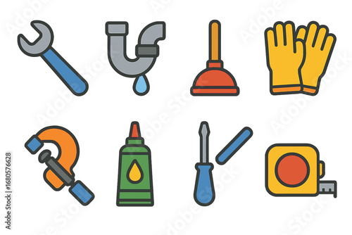 Children's Handy Toolkit. Flat vector mini-illustrations plumbing repair in colors children's illustrations: wrench, pipe, plunger