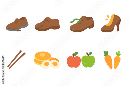 Children's Icon Grid. Flat vector mini-illustrations shoe deterioration in colors children's illustrations: sole peeling, leather