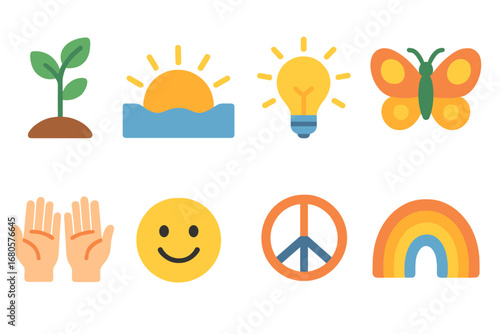Children's Icon Grid. Flat vector mini-illustrations injustice and change in colors children's illustrations: growing plant,