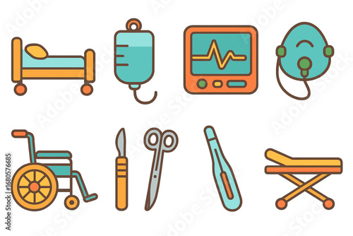 Children's Hospital Equipment Icons. Flat vector mini-illustrations hospital equipment in colors children's illustrations: