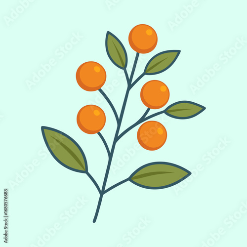 Stylized branch of orange fruits with leaves and light blue background