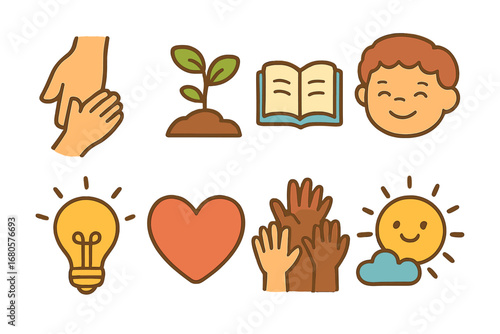 Children's Hope Journey. Flat vector mini-illustrations poverty and hope in colors children's illustrations: helping hand, growing