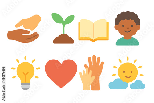 Children's Hope Journey. Flat vector mini-illustrations poverty and hope in colors children's illustrations: helping hand, growing